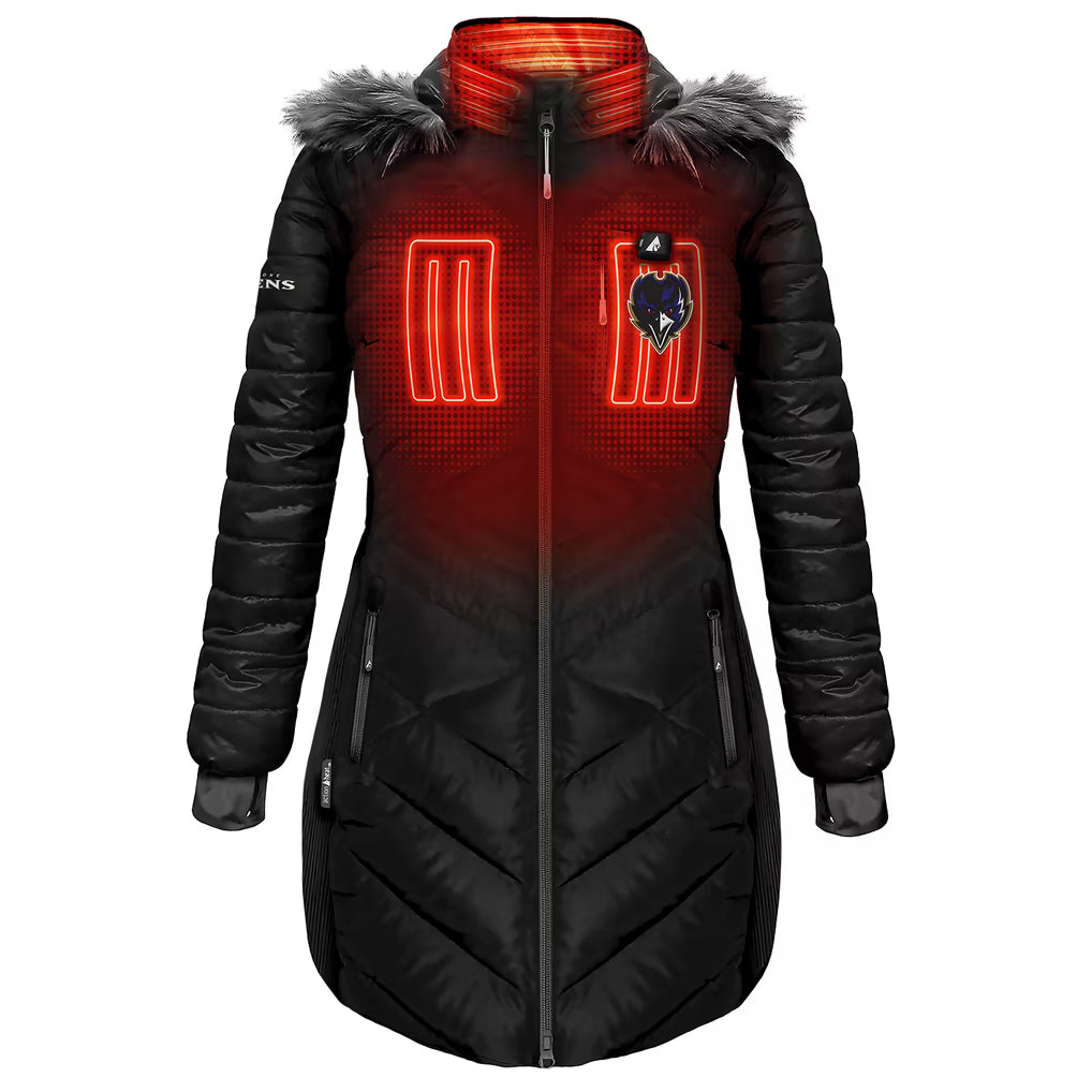 Women's Baltimore Ravens ActionHeat Black 5V Battery Heated Long Puffer Full-Zip Hoodie Jacket