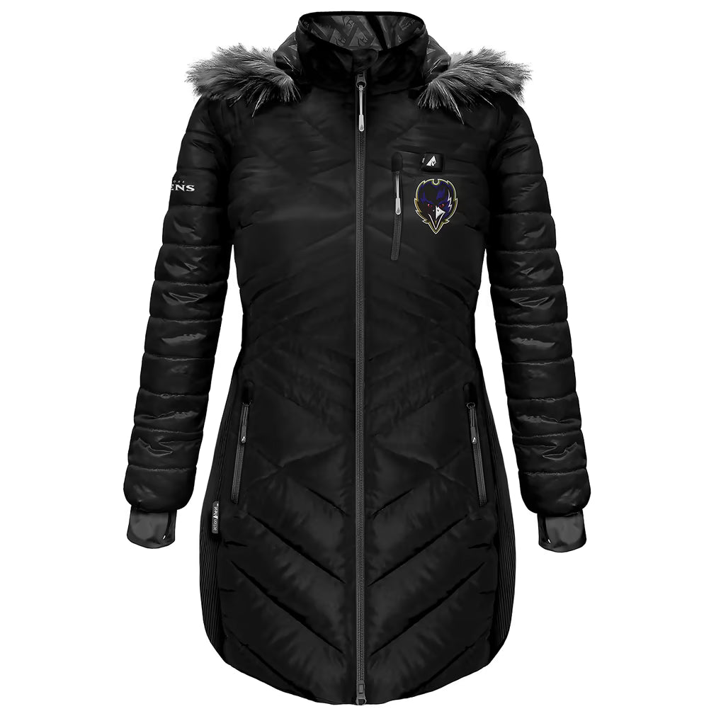 Women's Baltimore Ravens ActionHeat Black 5V Battery Heated Long Puffer Full-Zip Hoodie Jacket