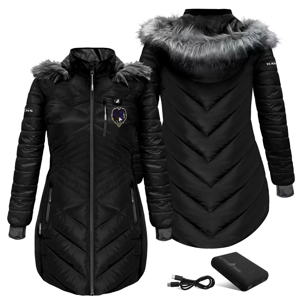 Women's Baltimore Ravens ActionHeat Black 5V Battery Heated Long Puffer Full-Zip Hoodie Jacket