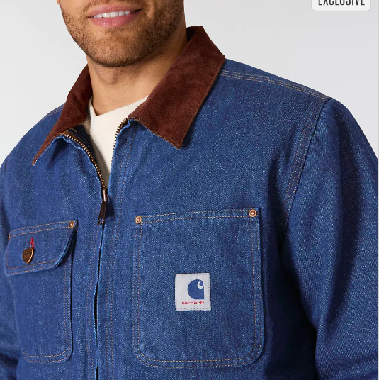 Crafted Series Denim Sherpa Lined Chore Blue Jacket Front Pocket Veiws