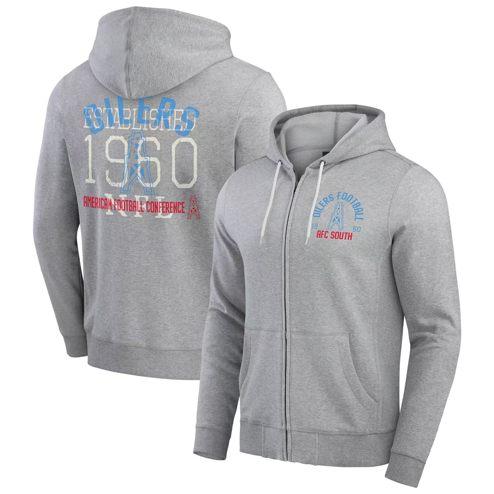 Gray Dallas Cowboys 1960 heritage full-zip hoodie featuring team graphics on the front and back.