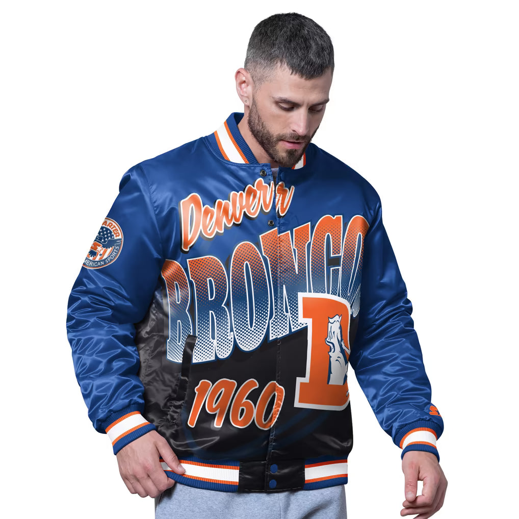 Denver Broncos Retro Pass Rush Varsity Royal Blue & Ruined Smores Jacket Front Veiws