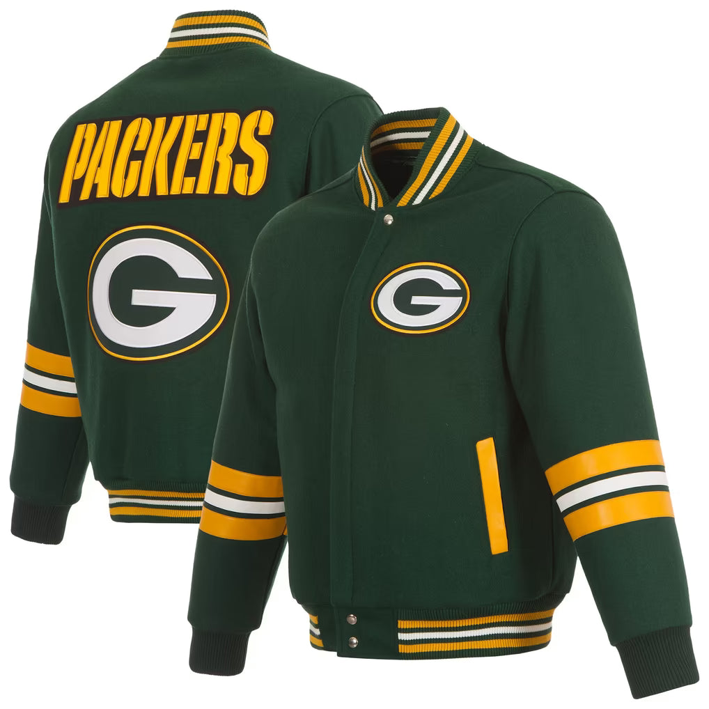 Green and gold varsity bomber jacket with letter logo and striped sleeves views
