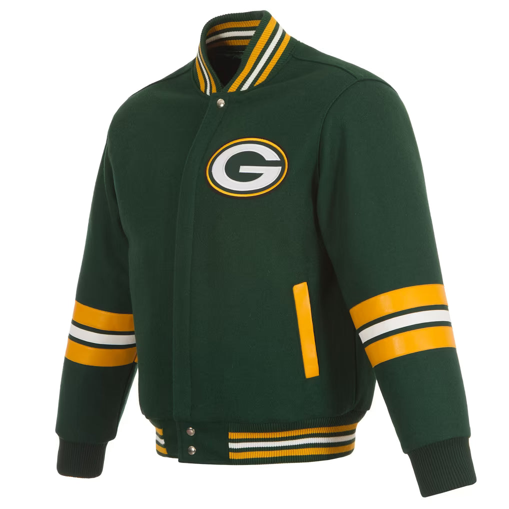  Green Gold Varsity Bomber Jacket front views

