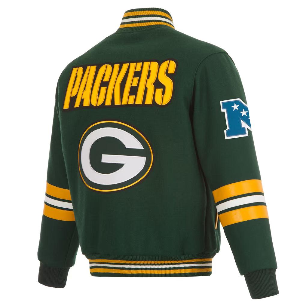 Green and yellow Packers varsity jacket with a large logo on the back, striped ribbed cuffs and collar, and a blue football league patch on the sleeve.