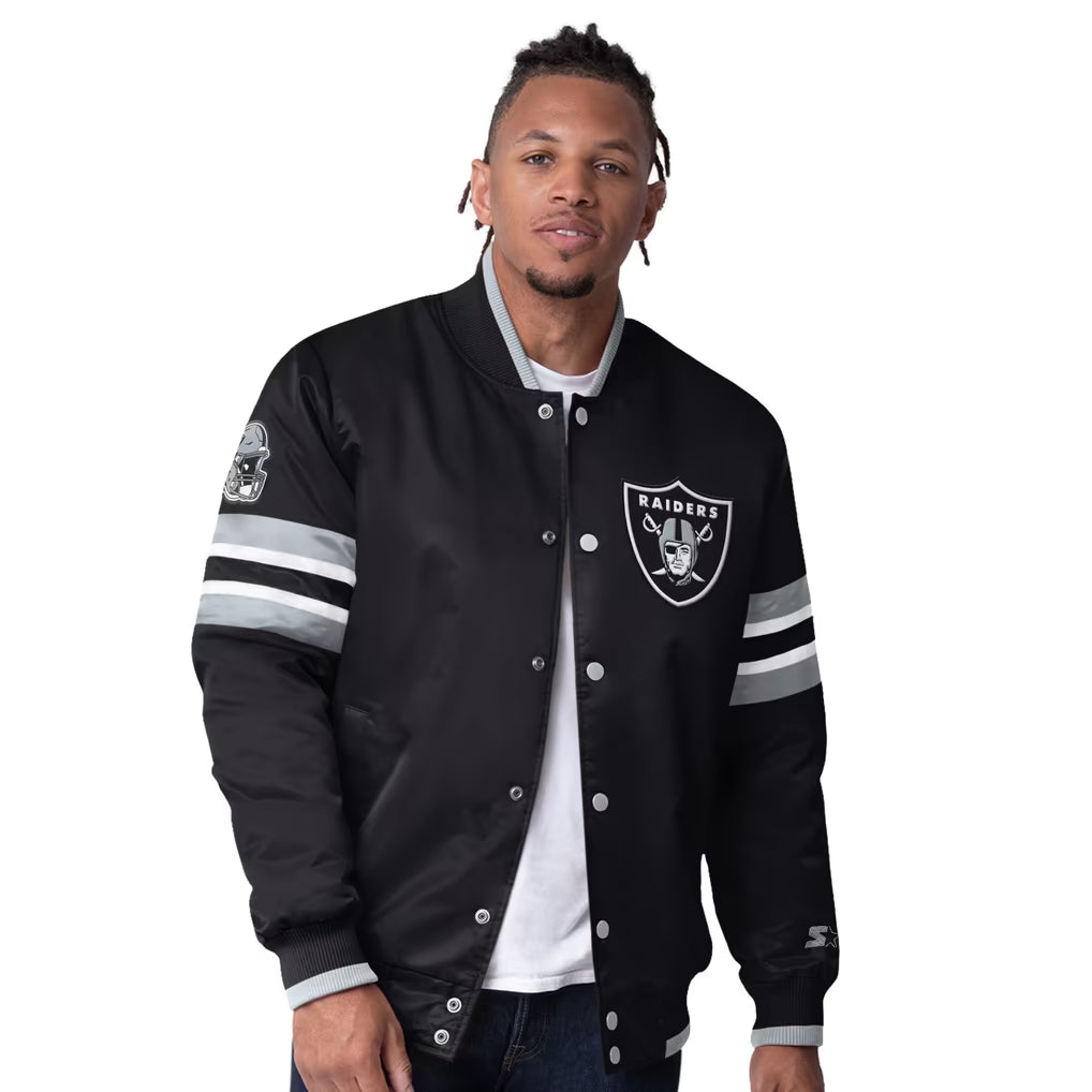 Las Vegas Raiders black varsity bomber jacket  Front views