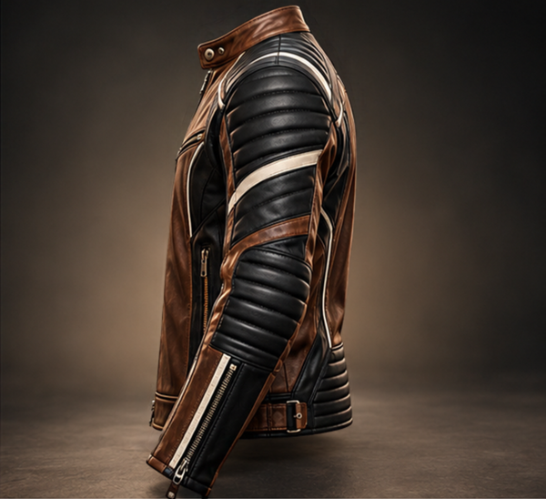 Left Side	mens-black-brown-leather-biker-jacket-left-side.jpg Men’s black and brown leather biker jacket left side views