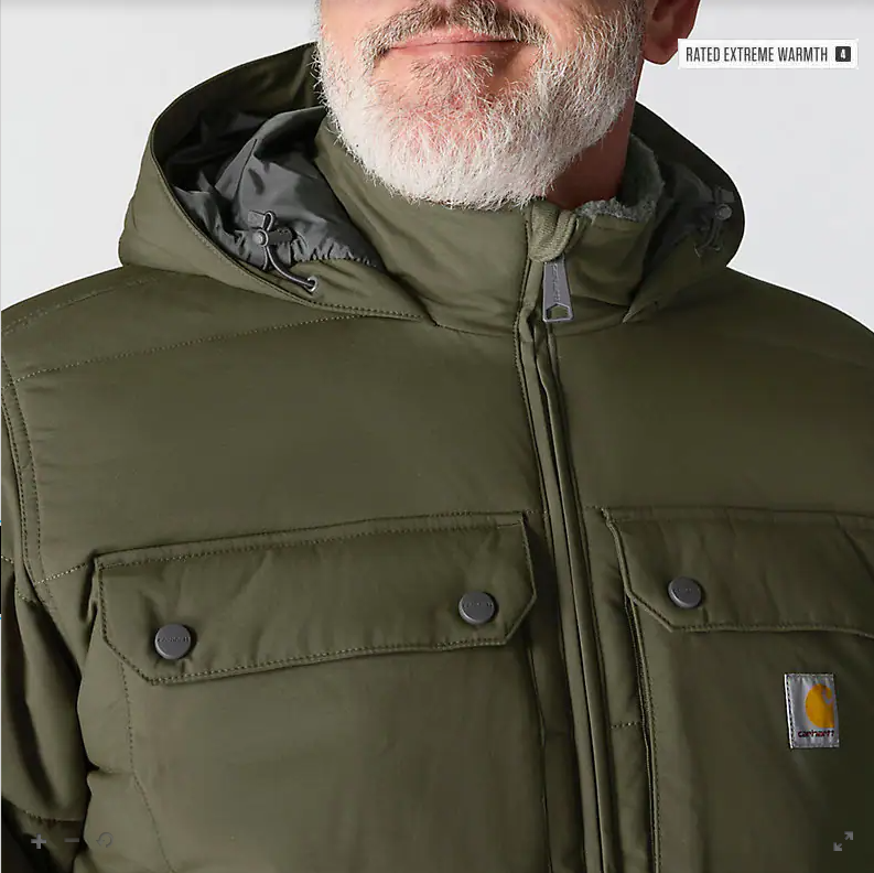 Livingston men's moss winter jacket with hood and front zipper views