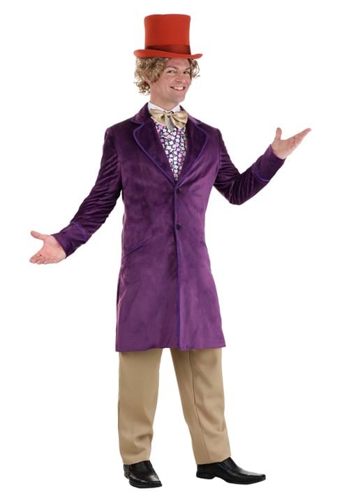 Men's Authentic Willy Wonka Costume Purple Jacket Full Body Front Veiws