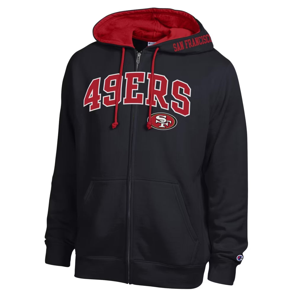 Men's San Francisco 49ers Champion Scarlet/Black Full-Zip Black Hoodie Front Veiws