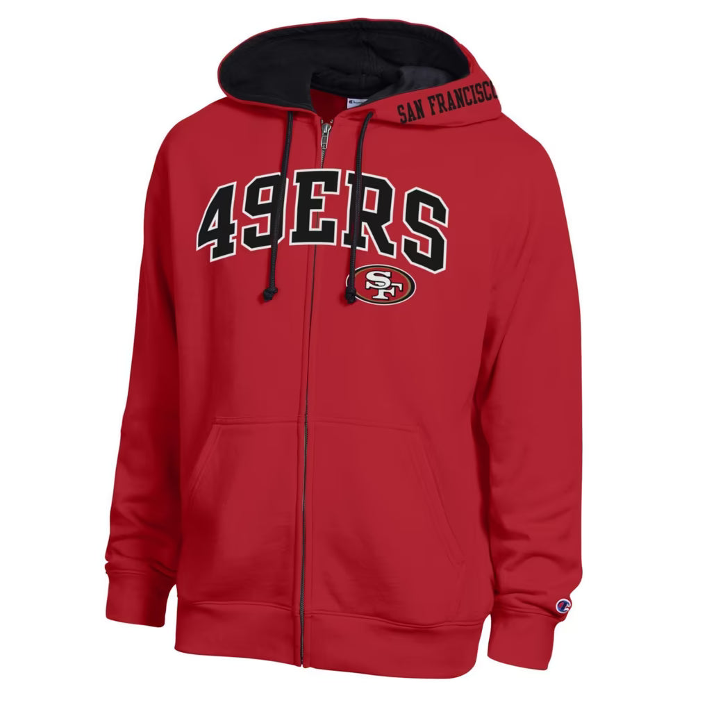 Men's San Francisco 49ers Champion Scarlet/Black Full-Zip Red Hoodie Front Veiws