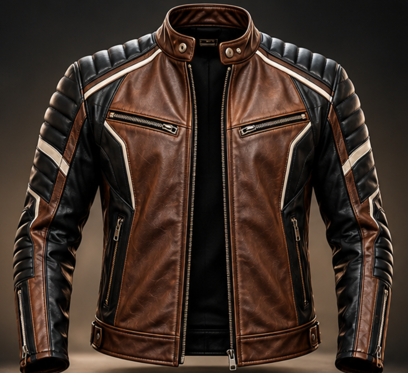 Men’s black and brown leather biker jacket front view