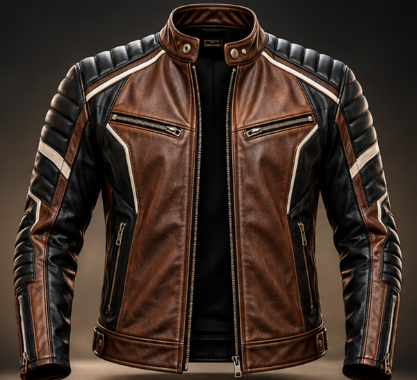 Men’s black and brown leather biker jacket front view