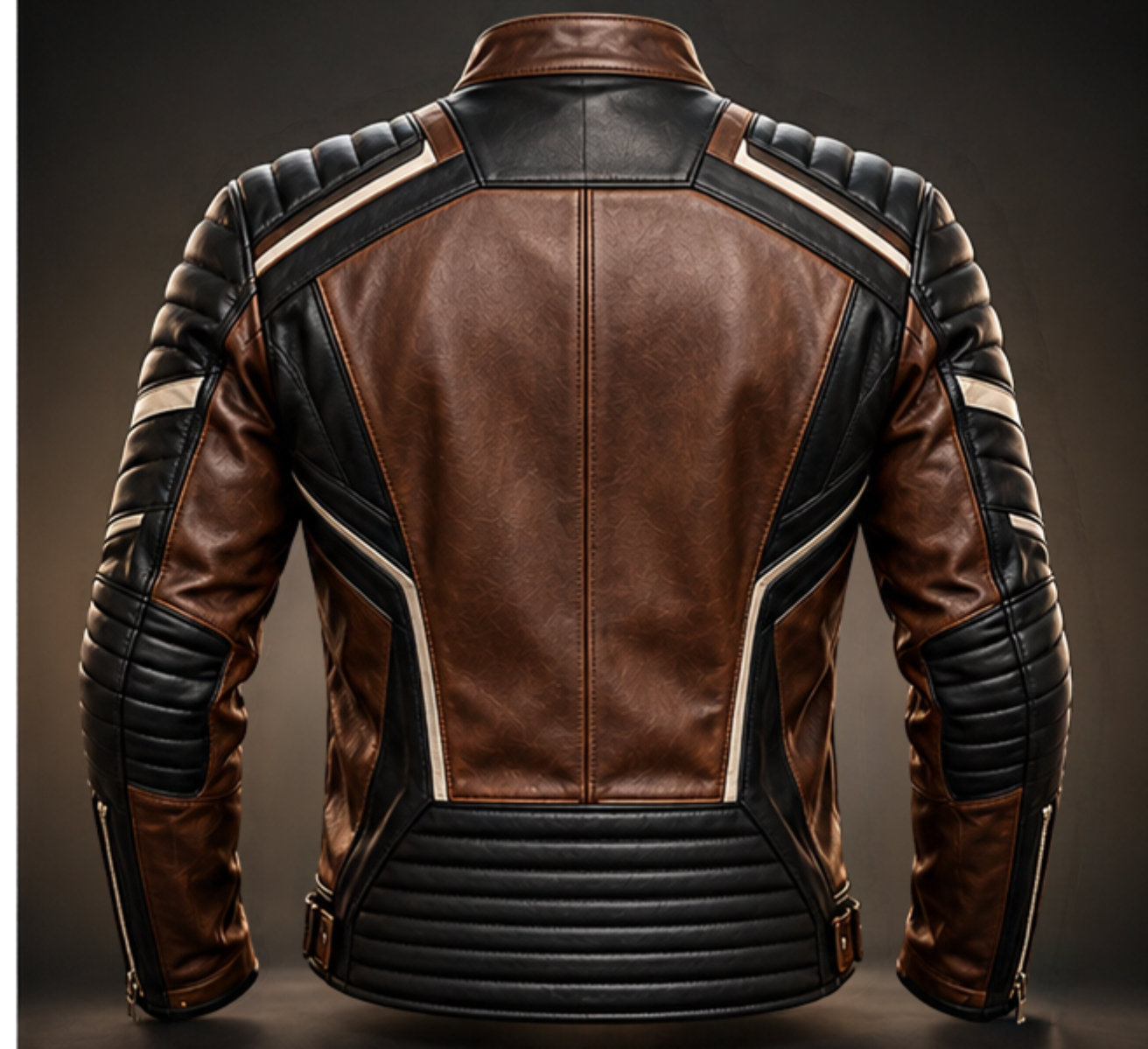 Men’s black and brown leather biker jacket back view