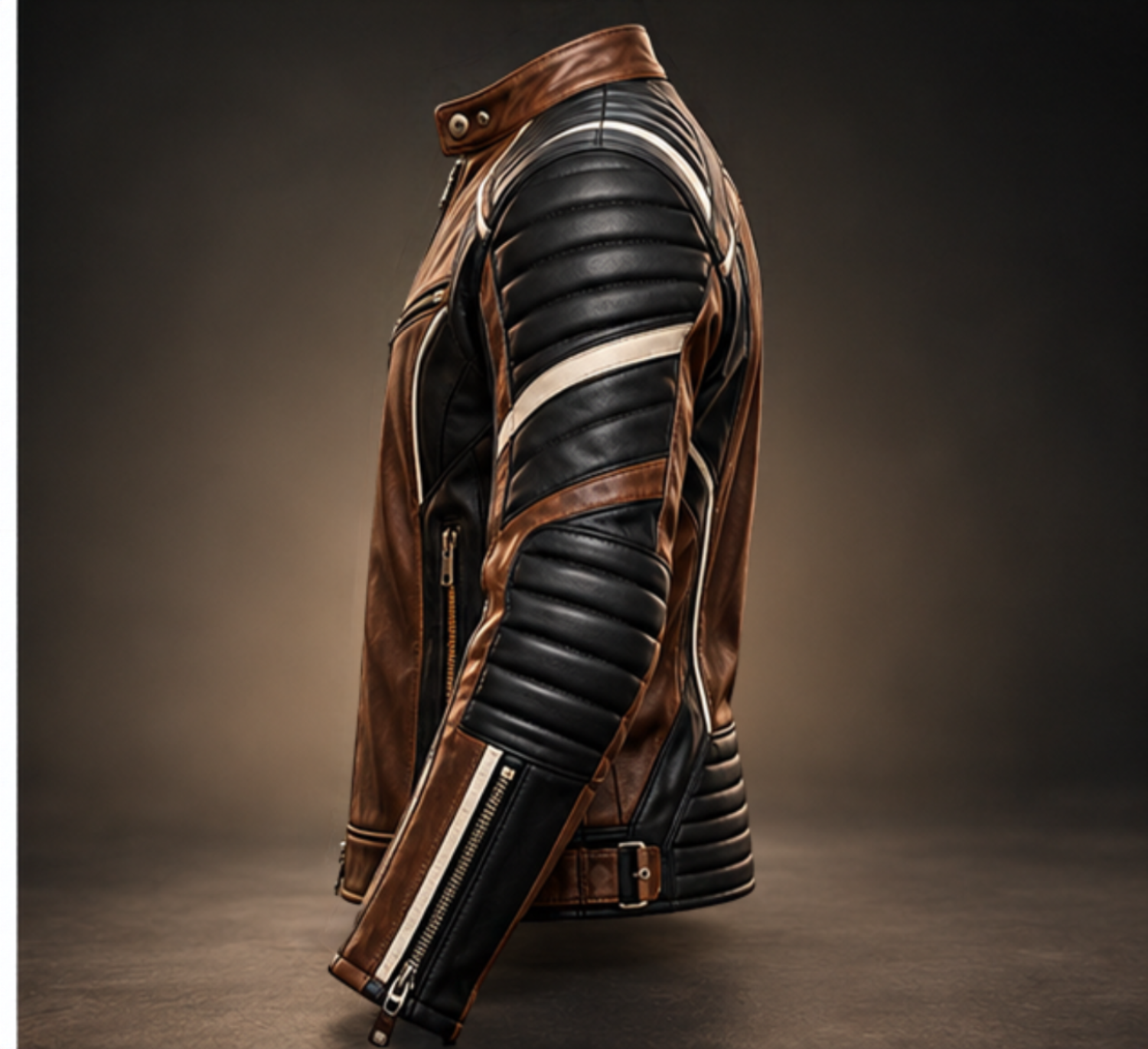 Men’s black and brown leather biker jacket left side view
