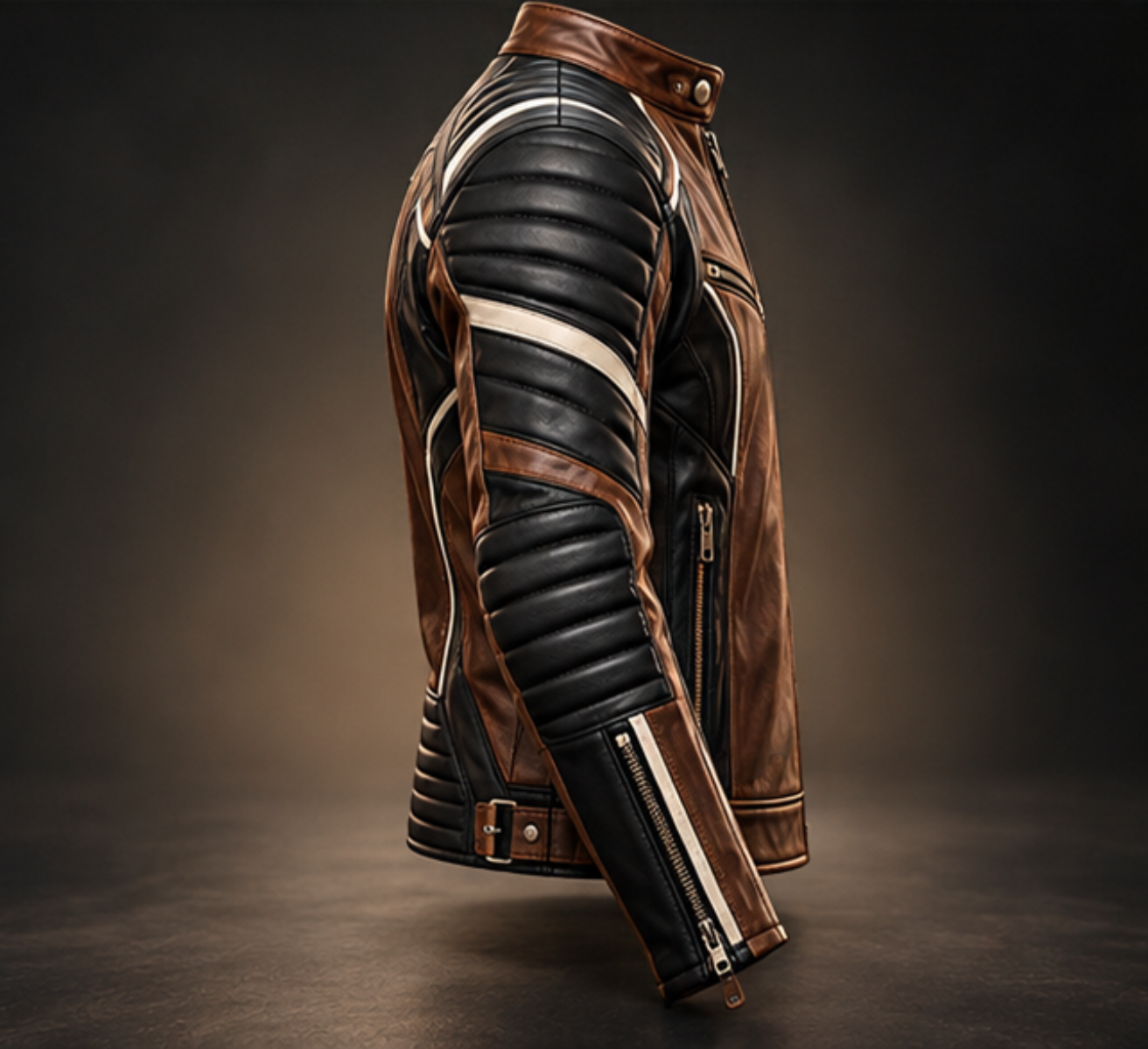 Men’s black and brown leather biker jacket right side view