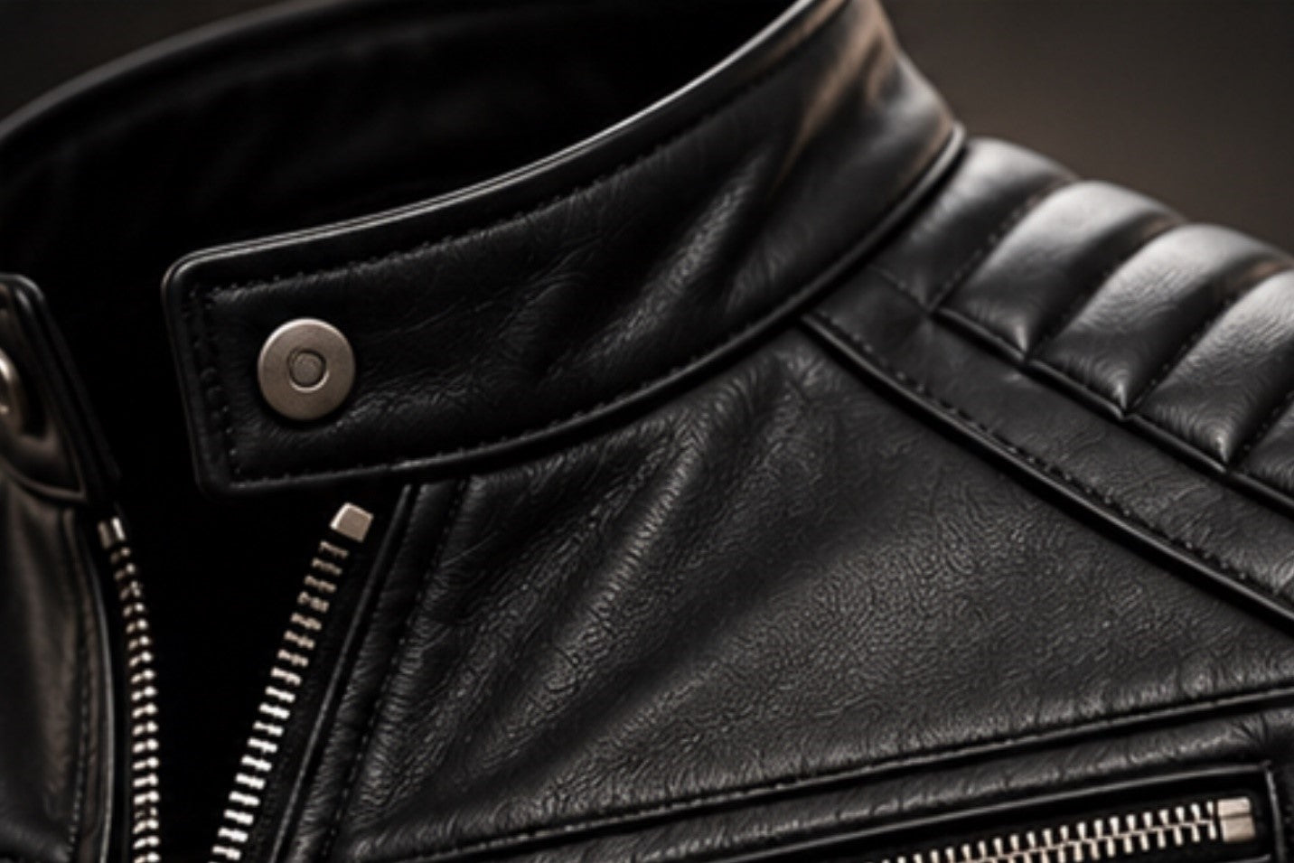 Men’s black leather biker jacket collar and zipper details