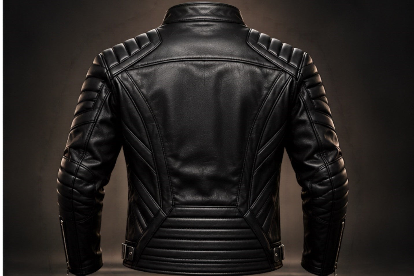 Men’s black quilted leather moter jacket back view
