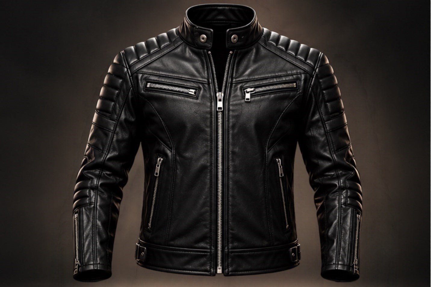Men’s black quilted leather moter jacket front view