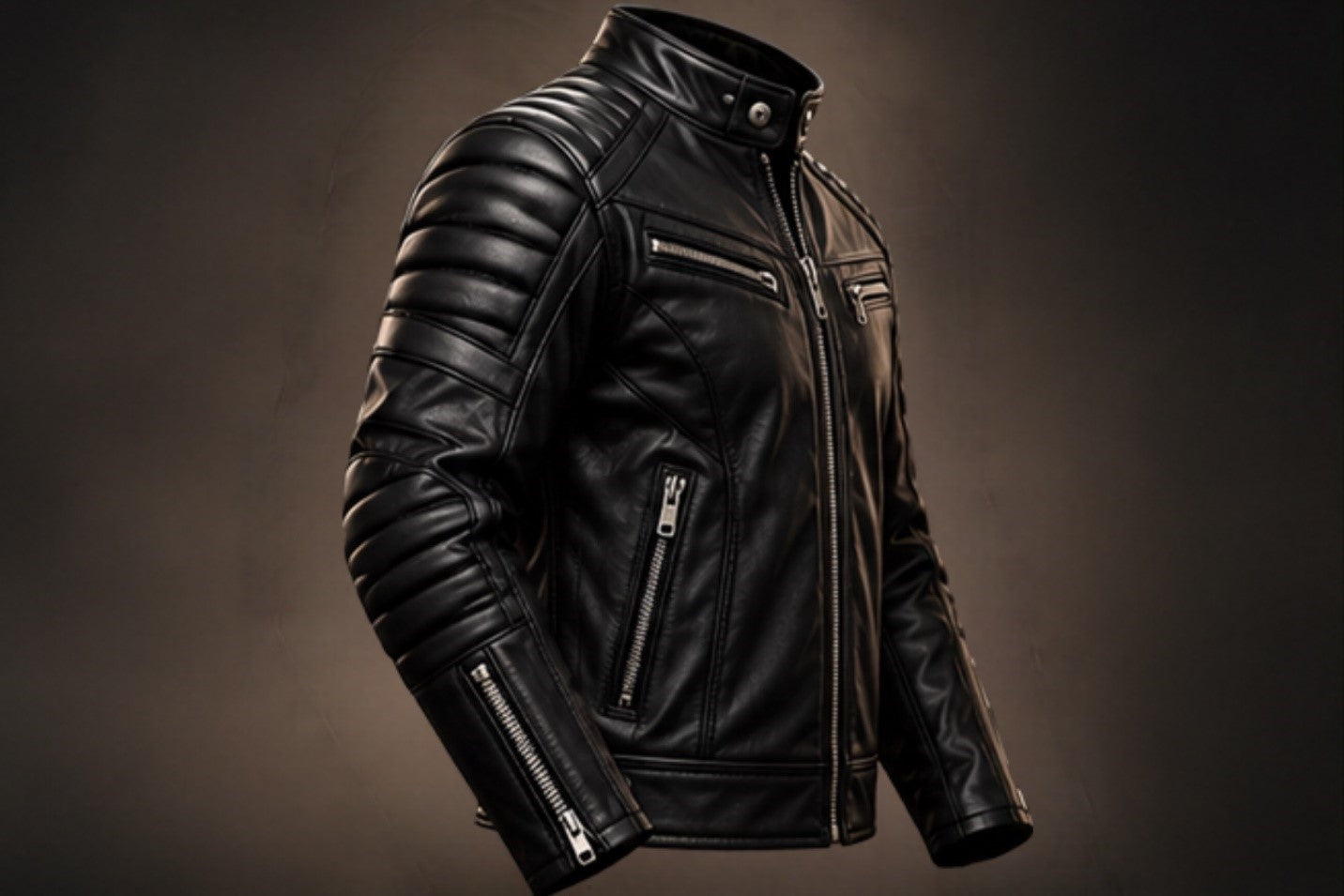Men’s black quilted leather biker jacket left side views