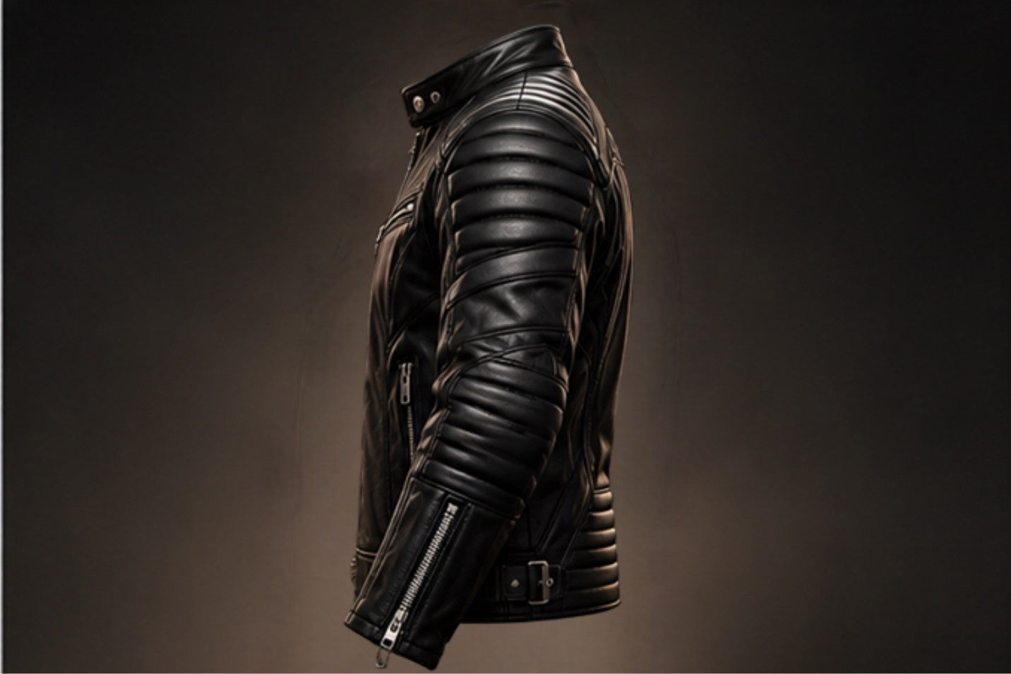 Men’s black quilted leather biker jacket right side views