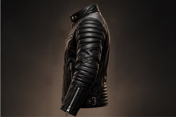 Men’s black quilted leather biker jacket right side views