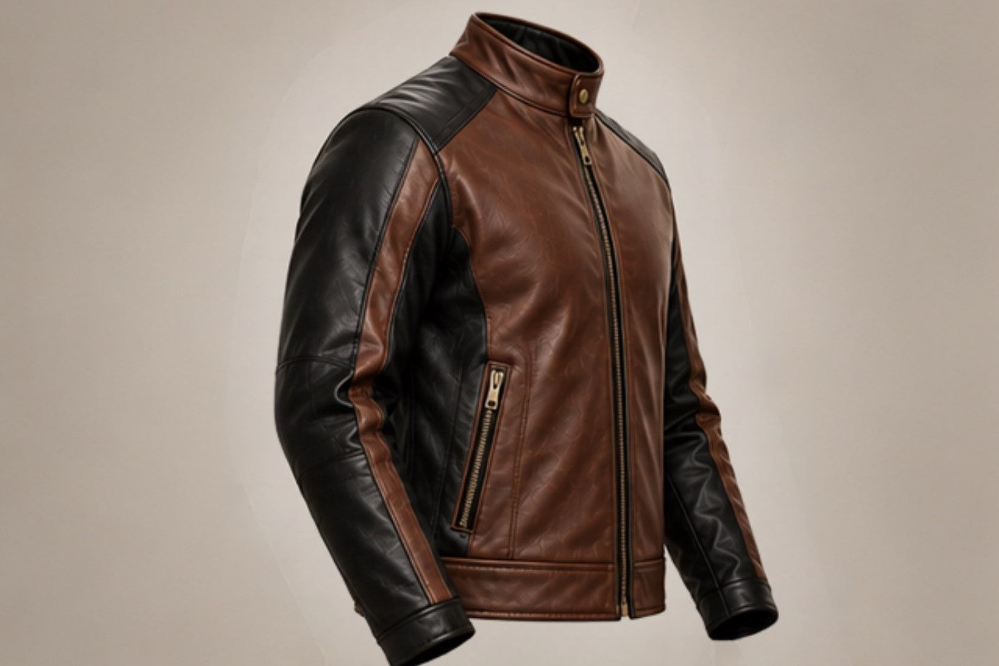 Men’s brown and black leather biker jacket left side views