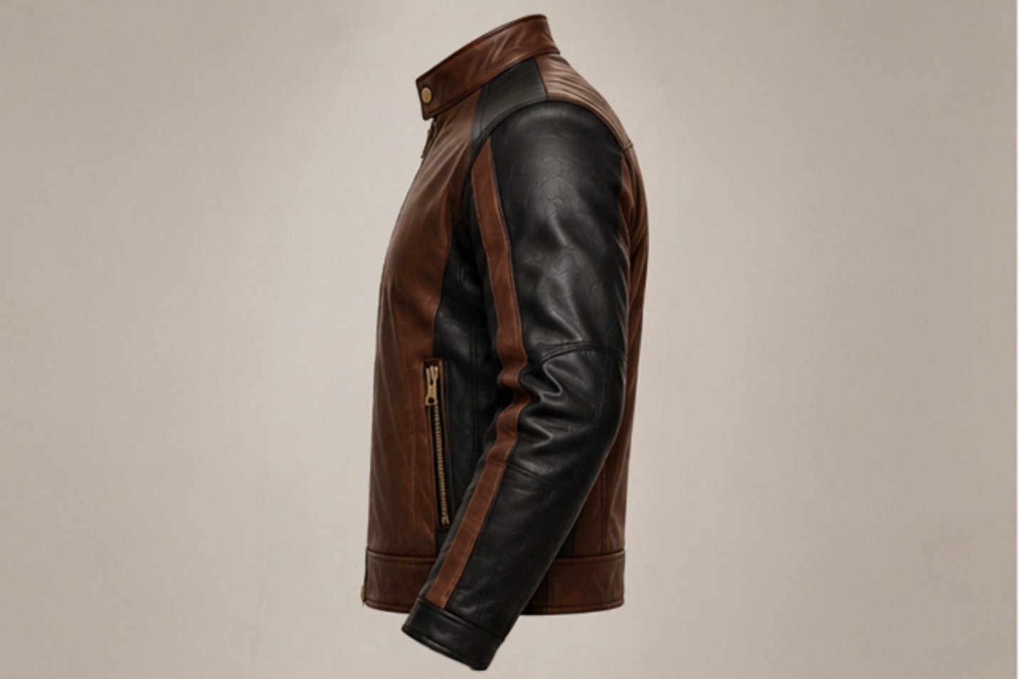 Men’s brown and black leather biker jacket right side views