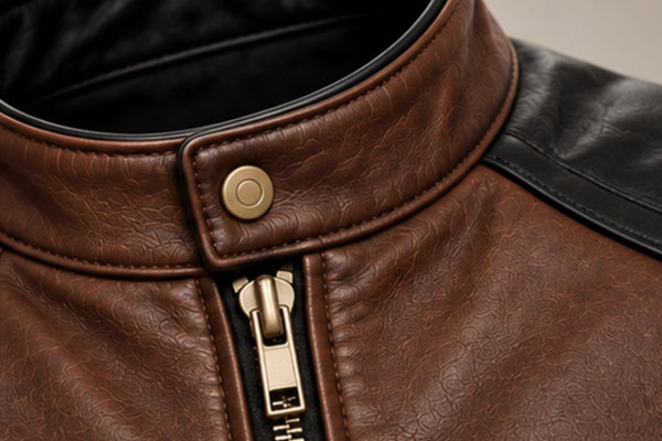 Men’s brown and black leather jacket snap-tab collar and zipper details