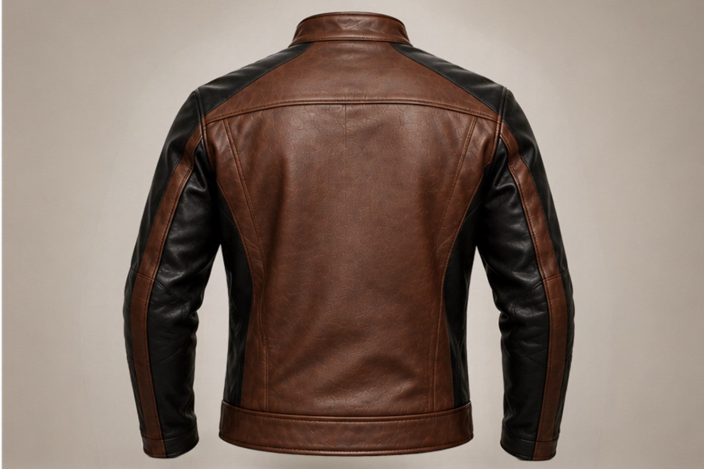 Men’s brown and black two-tone leather biker jacket back views