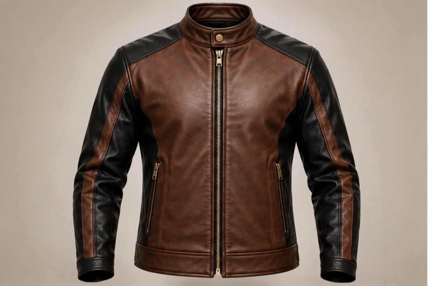 Men’s brown and black two-tone leather biker jacket front views