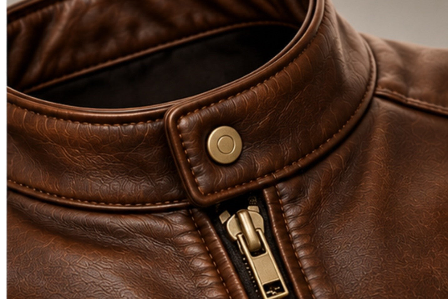 Men’s brown leather jacket snap-tab collar and zipper details