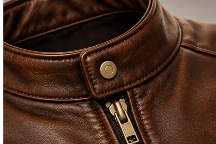 Men’s brown leather jacket snap-tab collar and zipper details