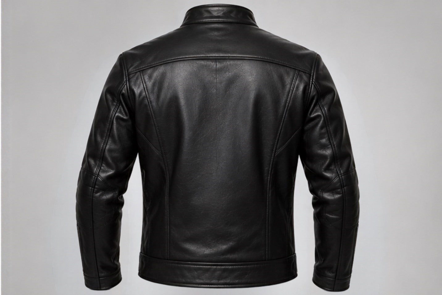 Men’s classic black leather biker jacket back views