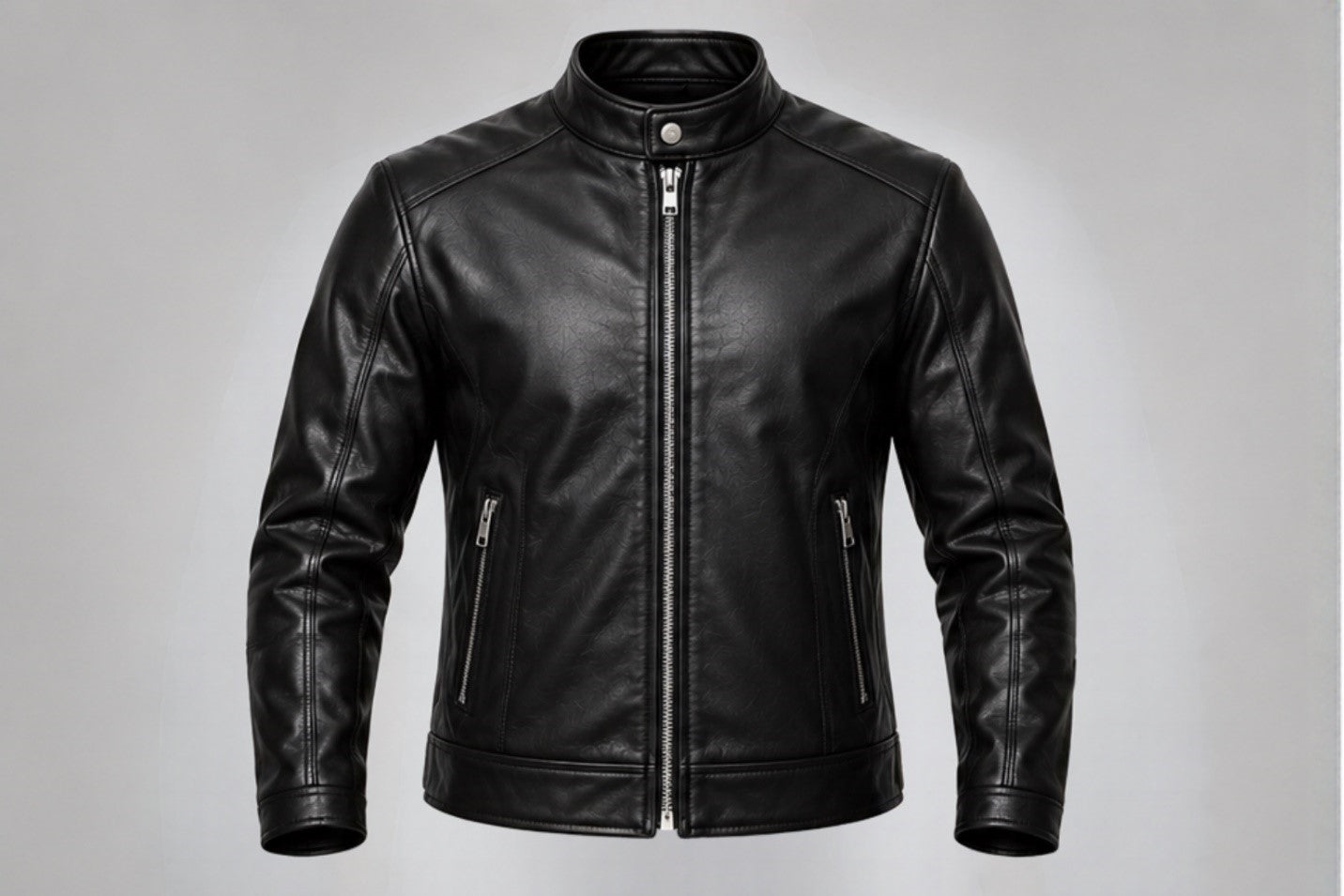 Men’s classic black leather biker jacket front views