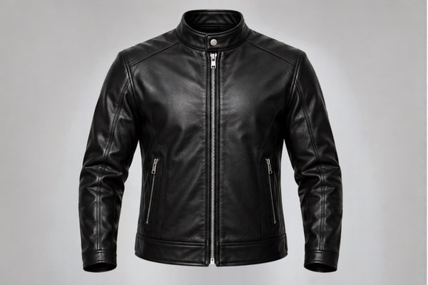 Men’s classic black leather biker jacket front views