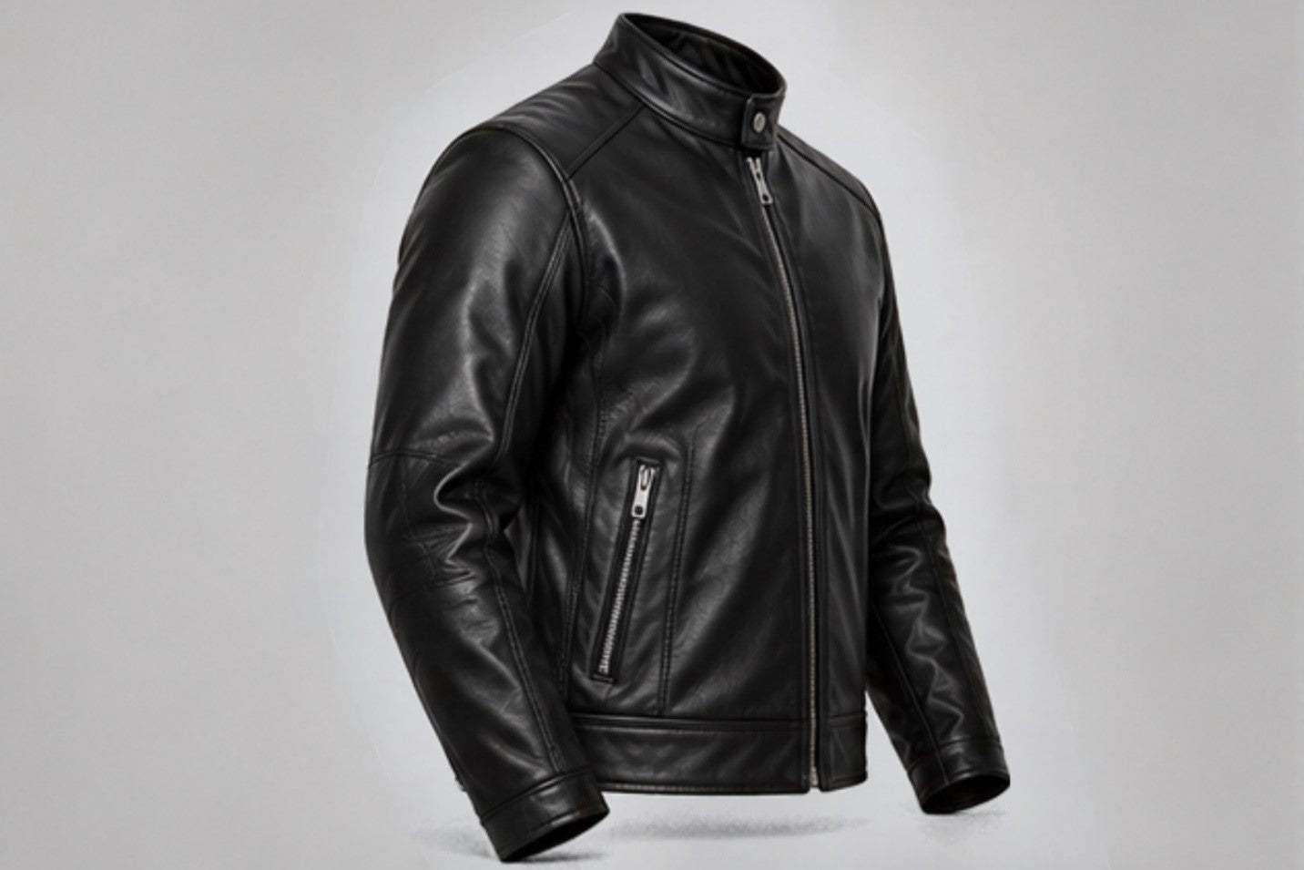 Men’s classic black leather biker jacket left side views