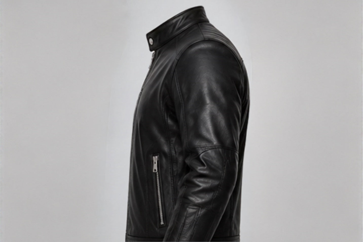 Men’s classic black leather biker jacket right side views