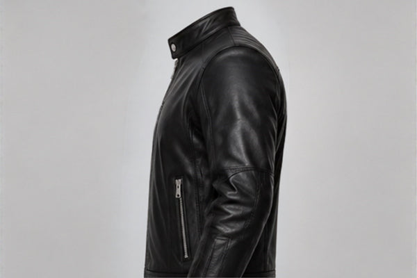 Men’s classic black leather biker jacket right side views