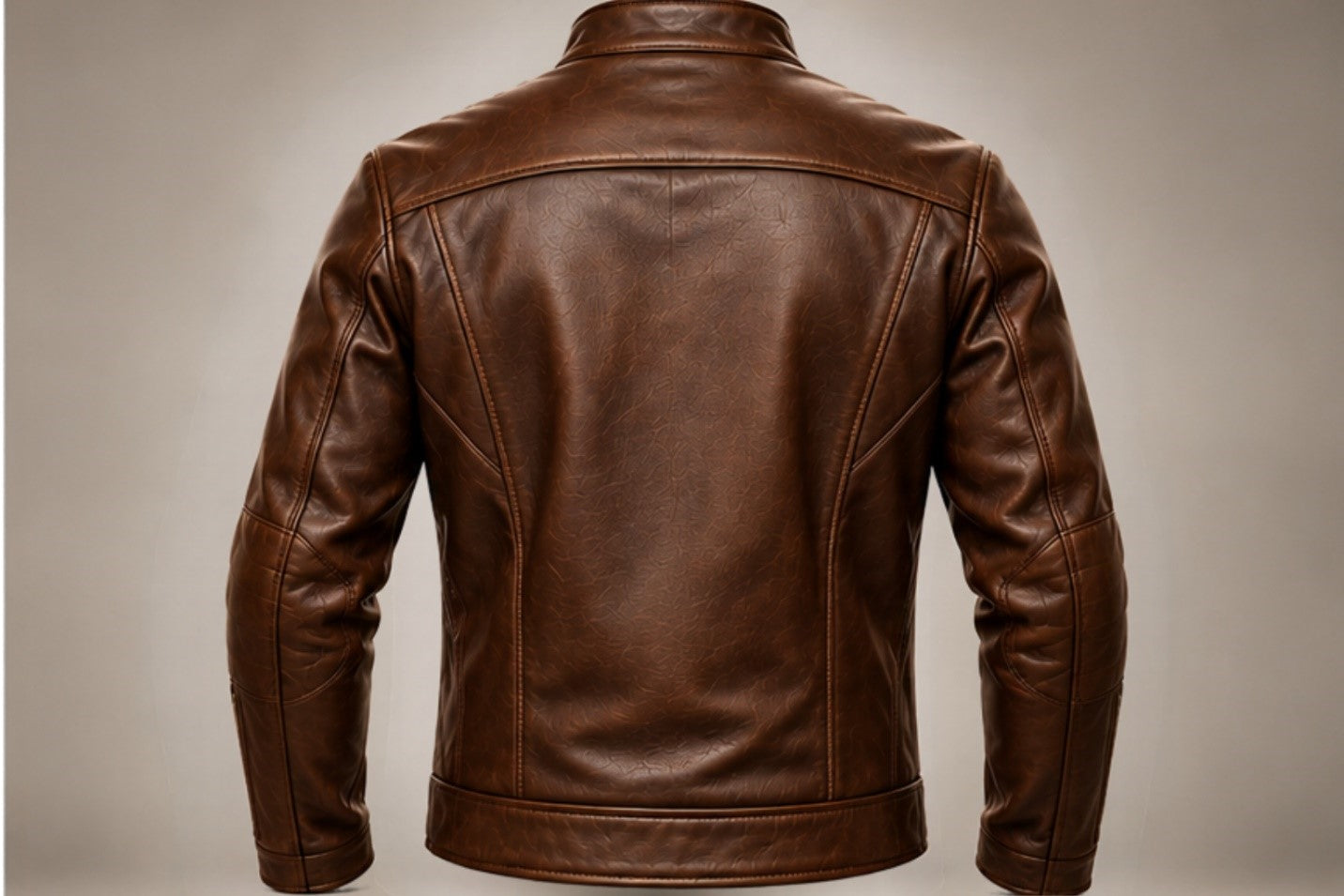 Men’s classic brown leather biker jacket back views