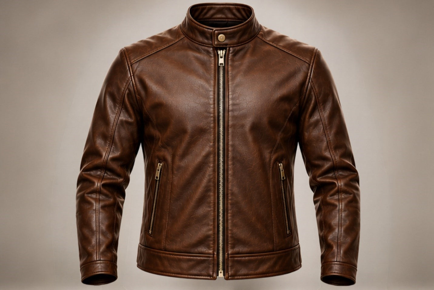 Men’s classic brown leather biker jacket front views
