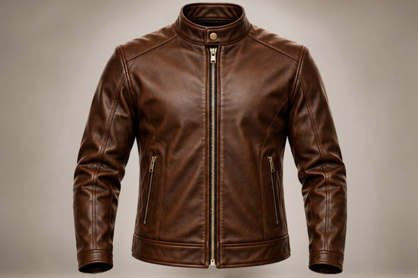 Men’s classic brown leather biker jacket front views