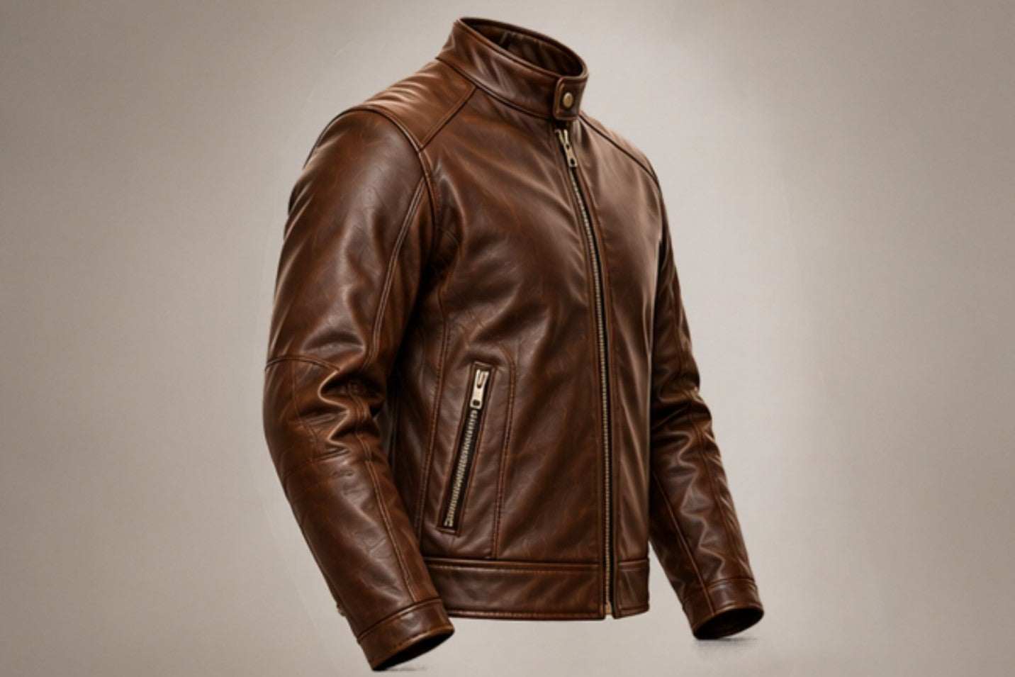 Men’s classic brown leather biker jacket left side views