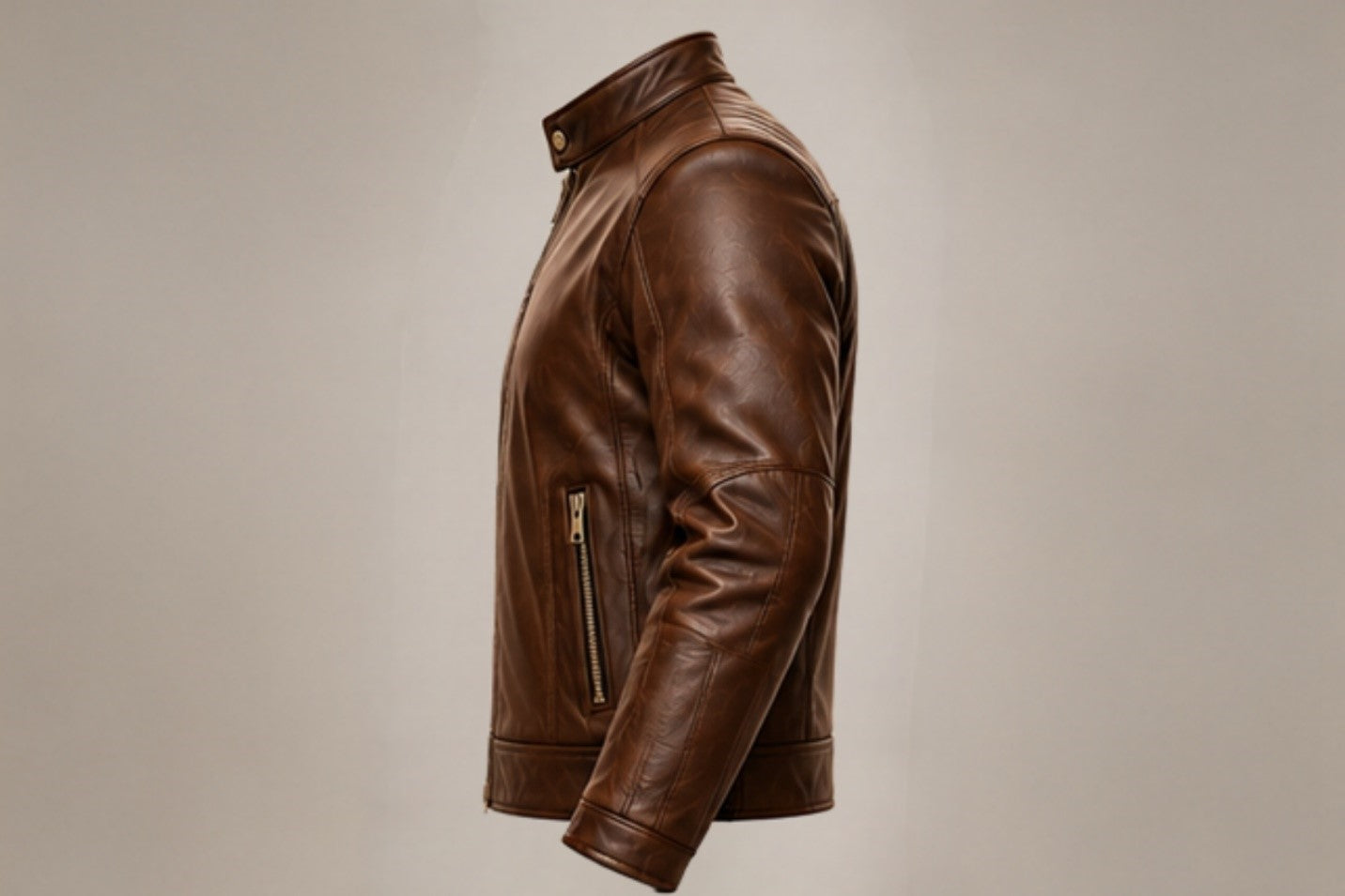 Men’s classic brown leather biker jacket right side views