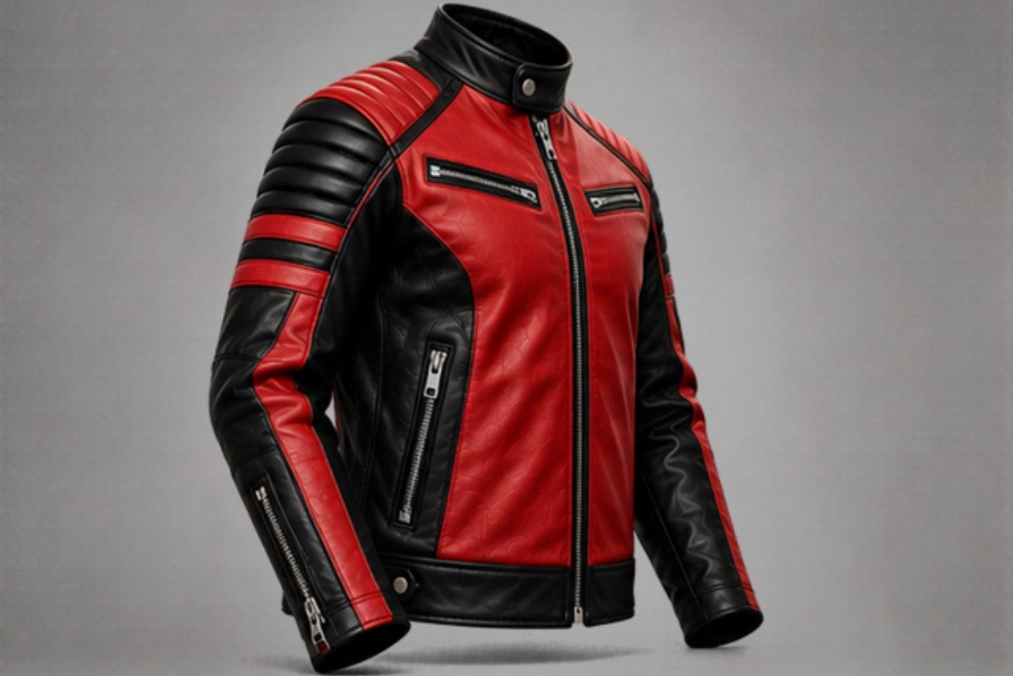 Men’s red and black leather biker jacket left side views