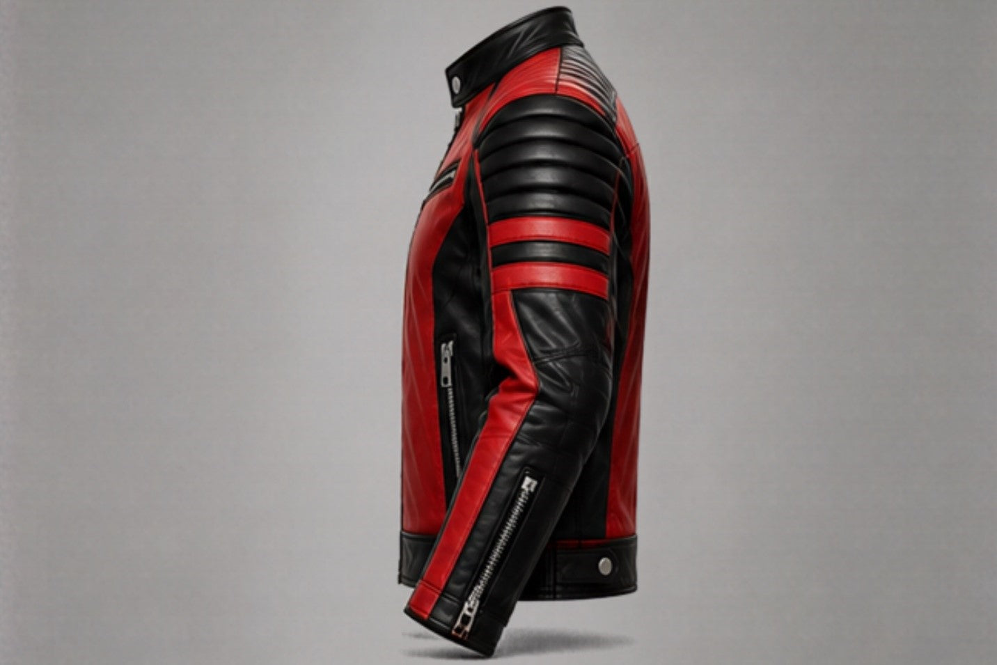 Men’s red and black leather biker jacket right side views