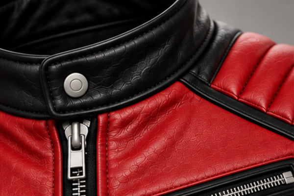 Men’s red and black leather biker jacket snap-tab collar and zipper details