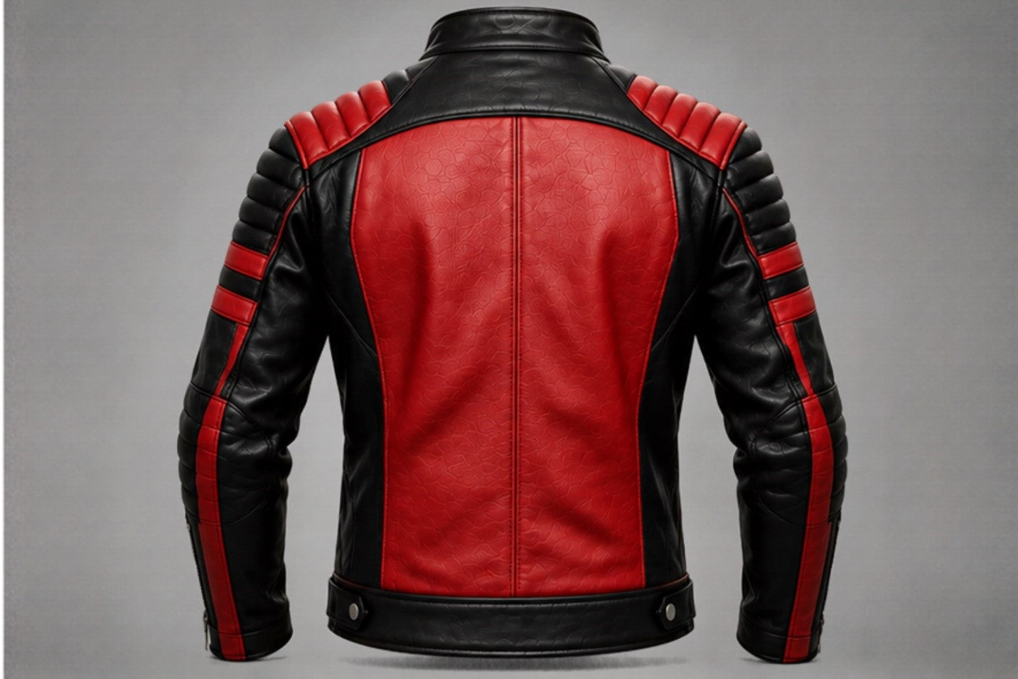 Men’s red and black quilted leather biker jacket back views