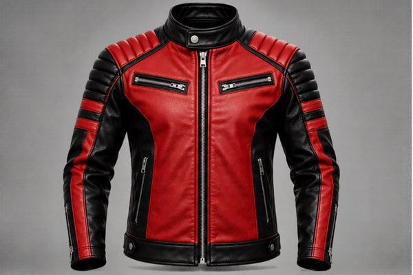 Men’s red and black quilted leather biker jacket front views