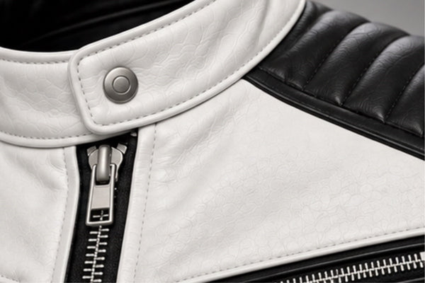 Men’s white and black leather biker jacket collar and zipper details